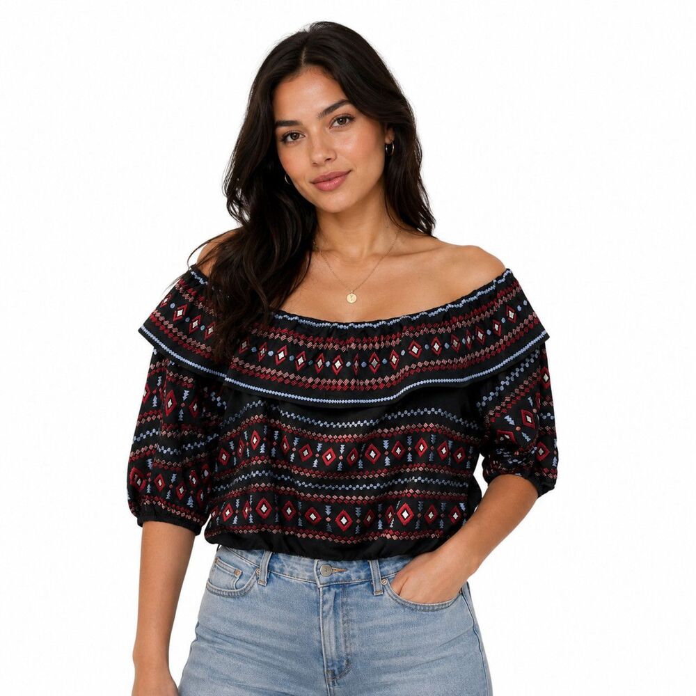 Savanna Jane Blouse Womens Medium Black Geometric Off Shoulder 3/4 Sleeve Top